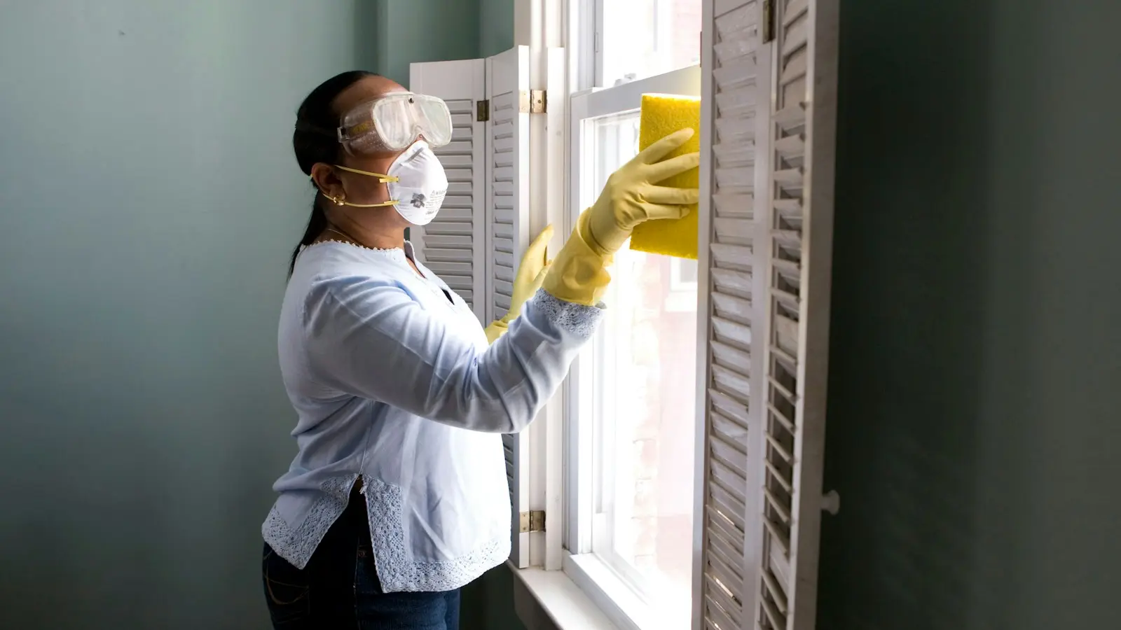 Homeowner cleaning and inspecting a residential window frame