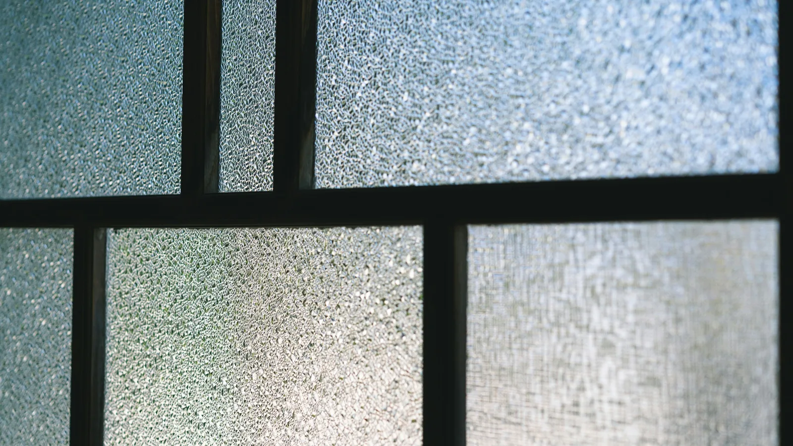 Close-up of textured translucent glass divided by dark framing