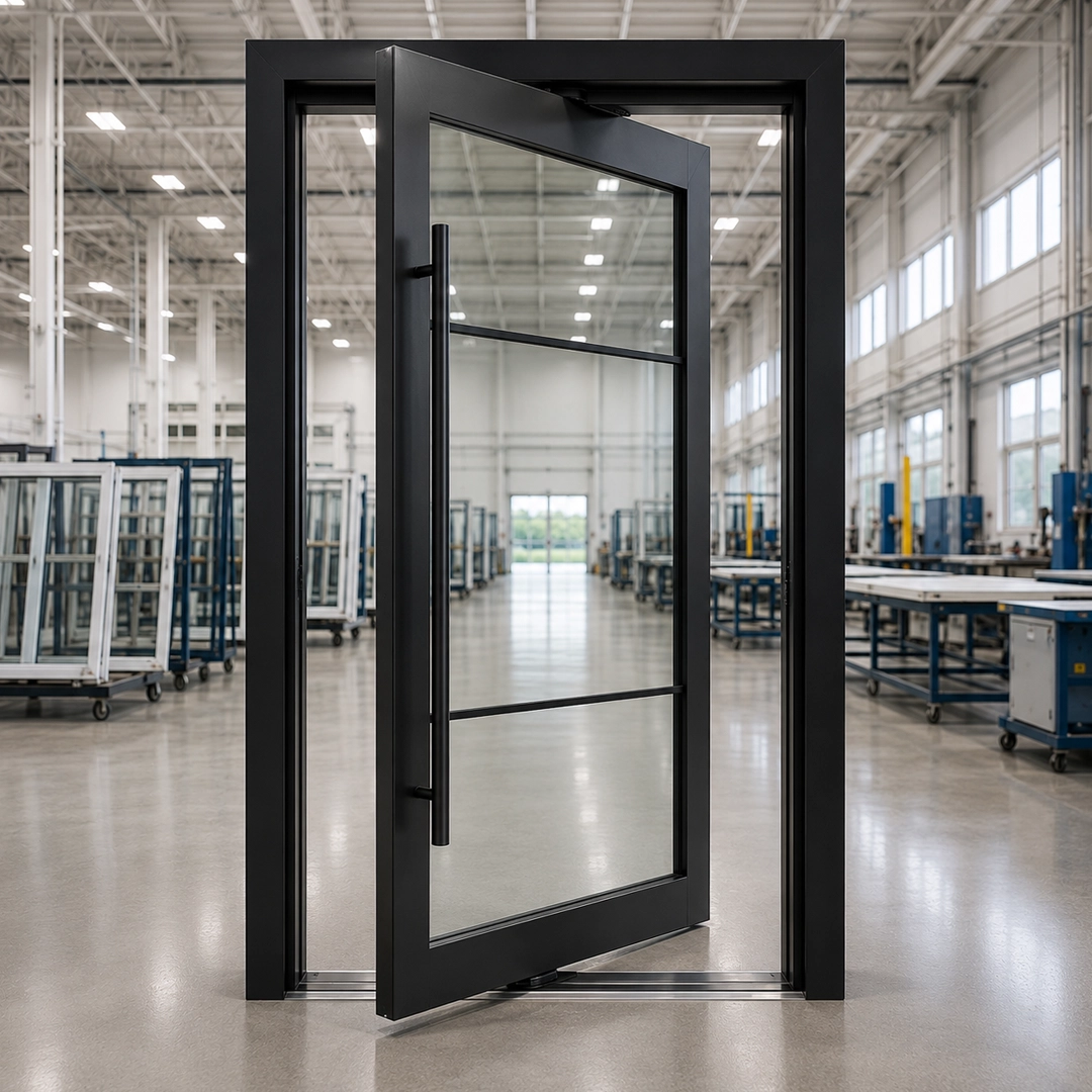 Contemporary impact pivot door creating a wide architectural entrance on a South Florida home